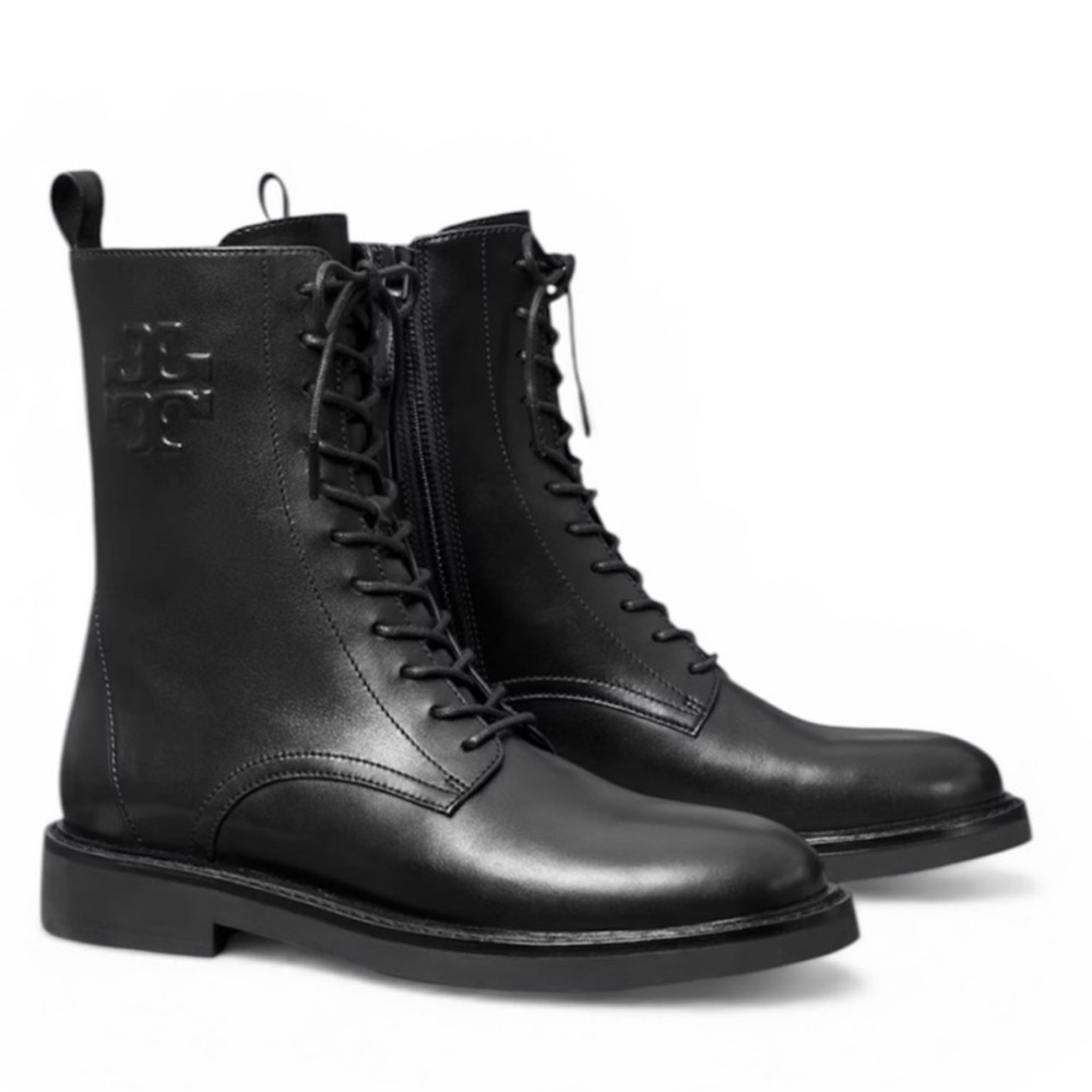 Tory Burch Black Embossed Logo Leather Lace-Up Boots, SIZE 8